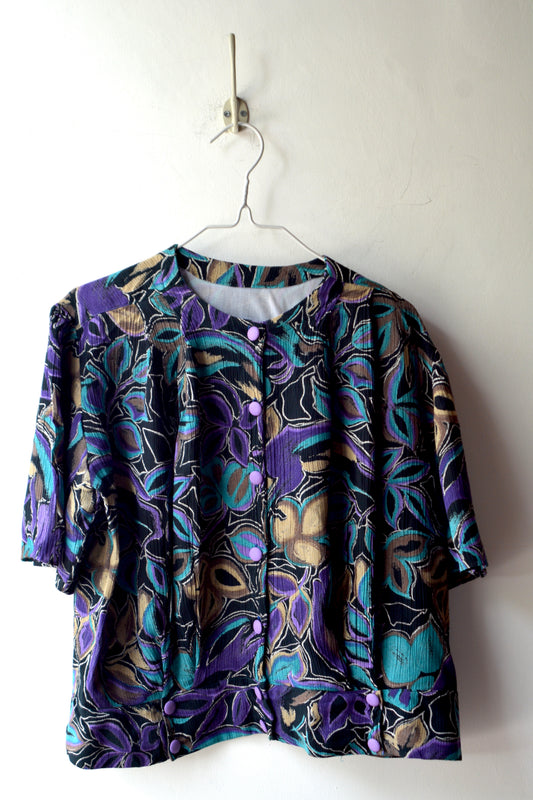 Blusa Vintage Crêpe Plissé Stampa Floreale Astratta
