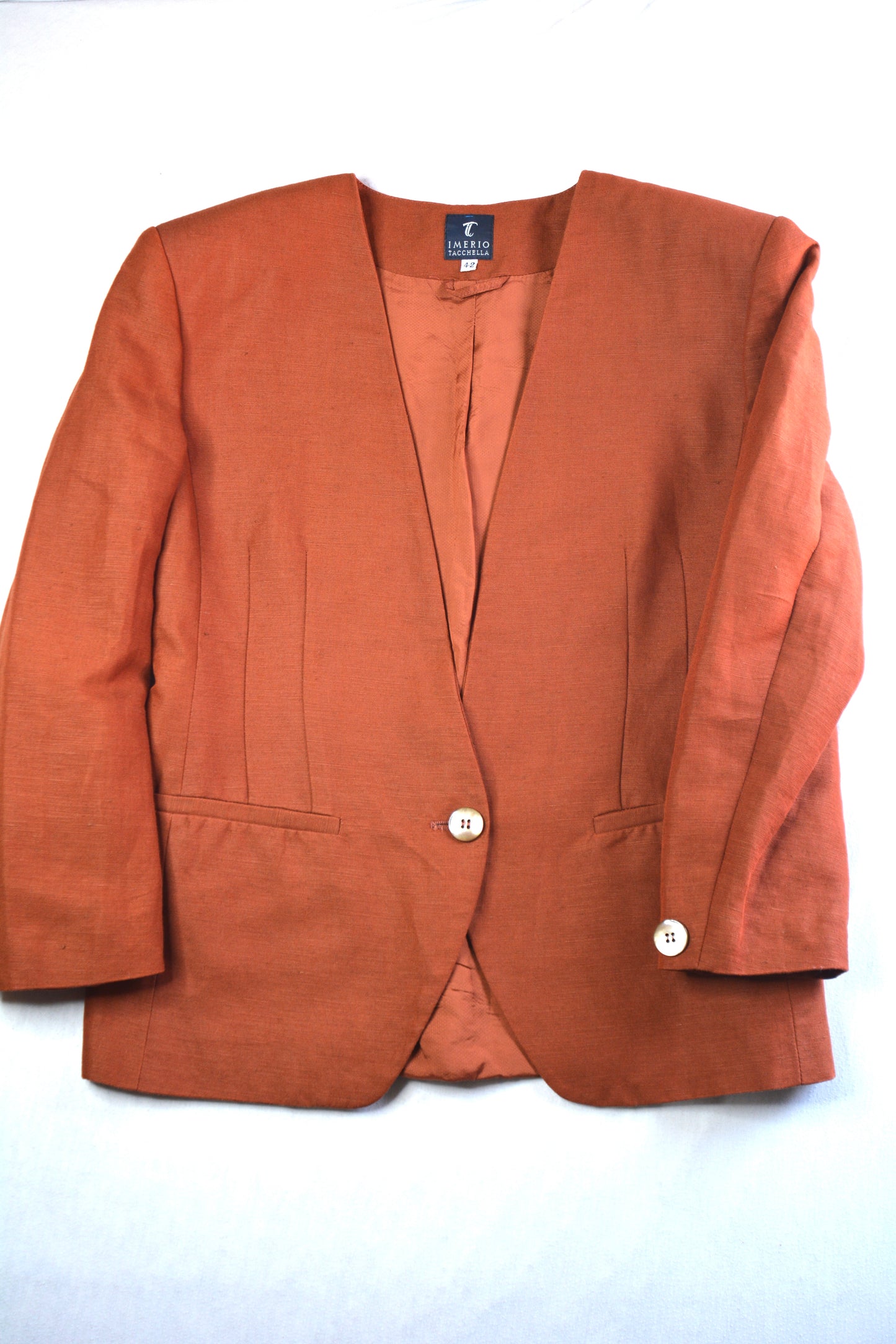 Blazer Vintage Imerio Tacchella Terracotta Lino Viscosa Scollo V Taglia 42 Made in Italy