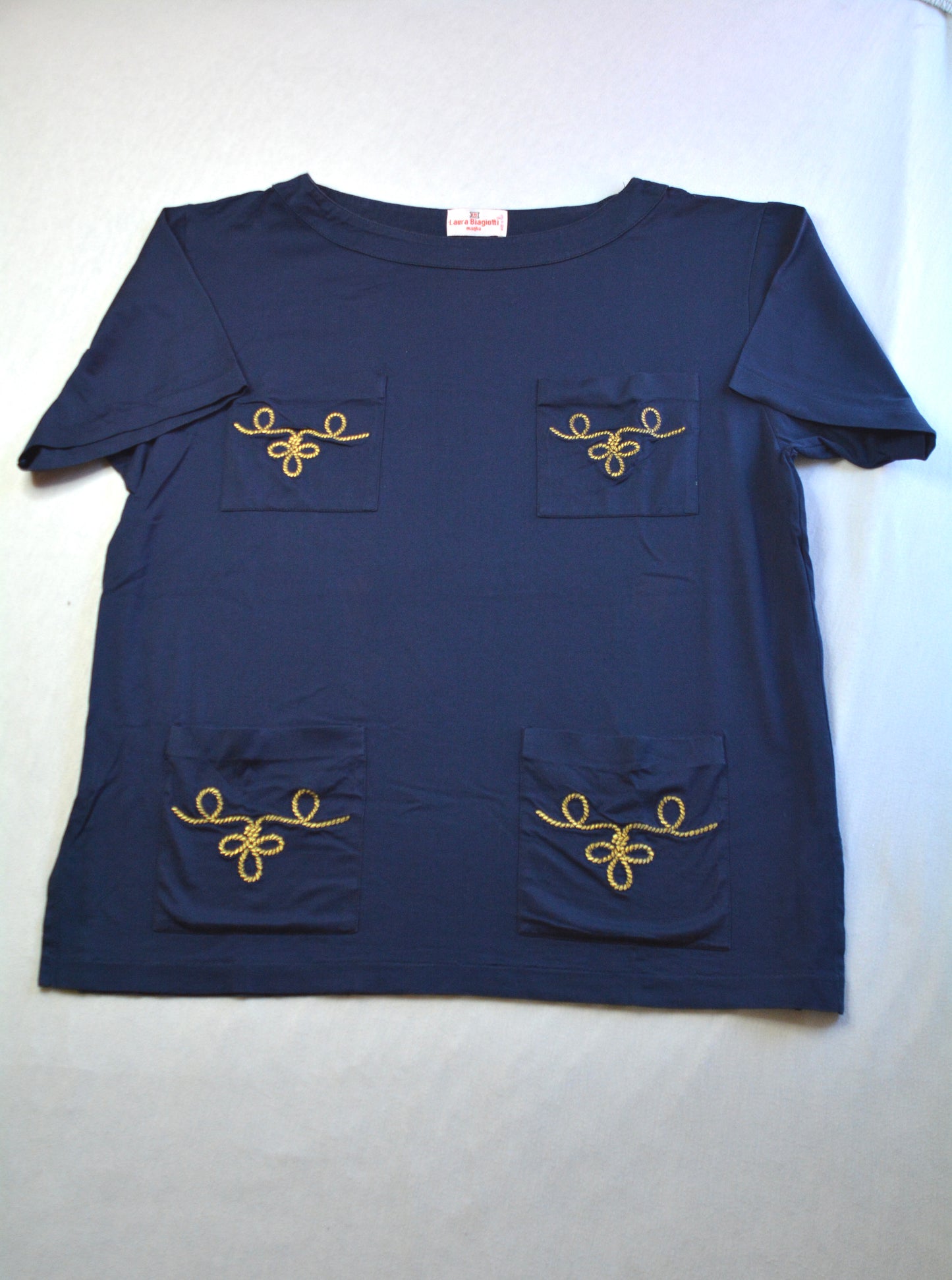 Laura Biagiotti Maglia — T-shirt Navy Ricami Dorati Vintage