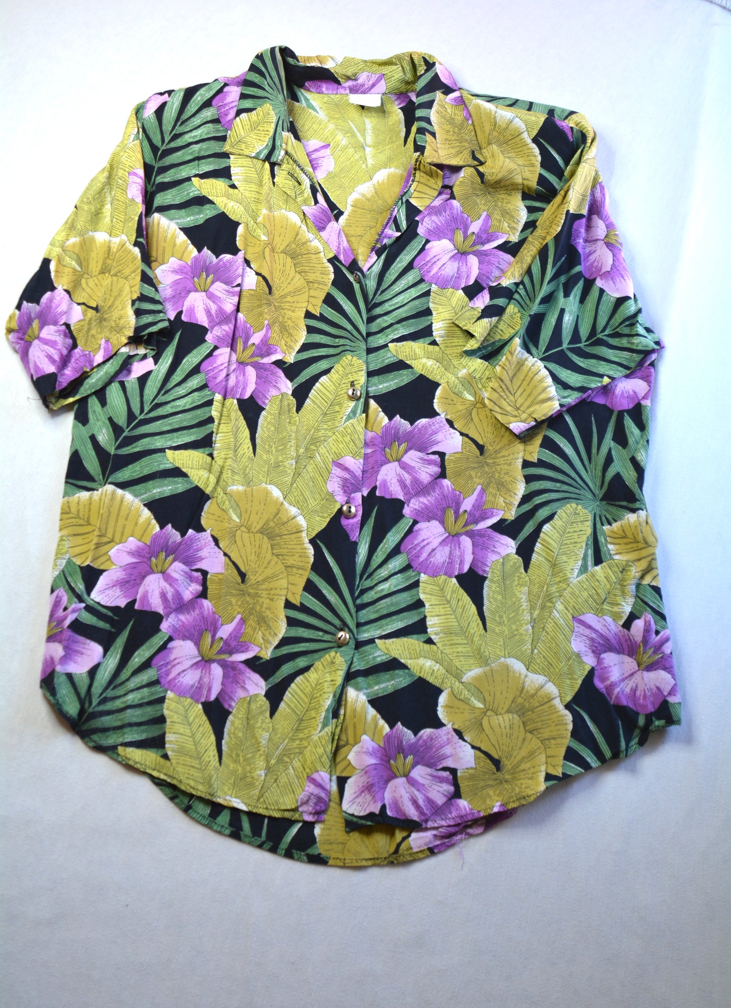 Camicia Tropical Vintage — Nera Fiori Lilla & Foglie Bottoni Dorati Anni '80