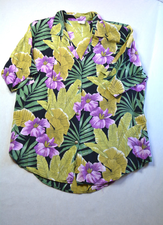 Camicia Tropical Vintage — Nera Fiori Lilla & Foglie Bottoni Dorati Anni '80