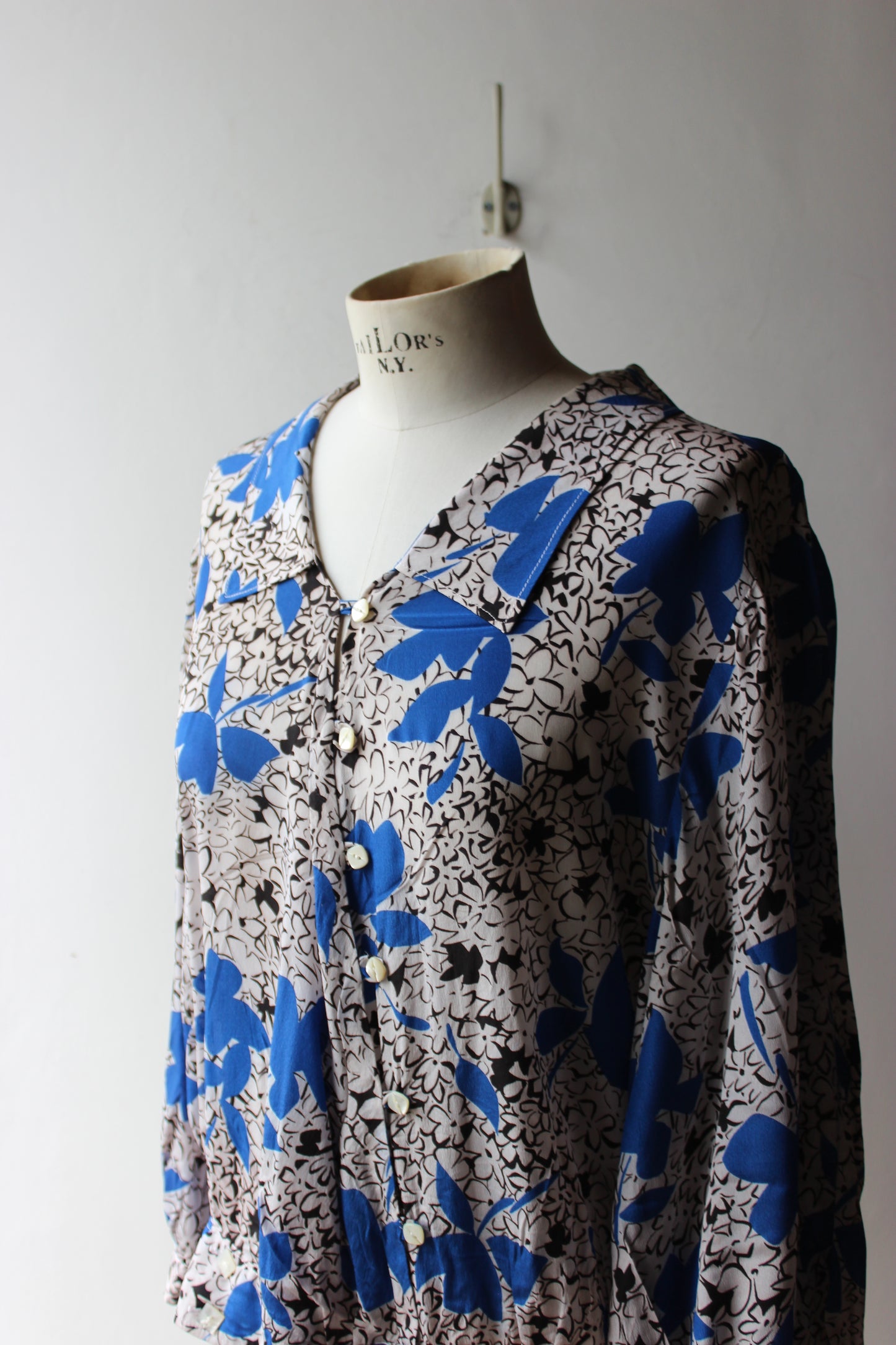 Camicia Vintage Fantasia Floreale Blu Bianco Nero