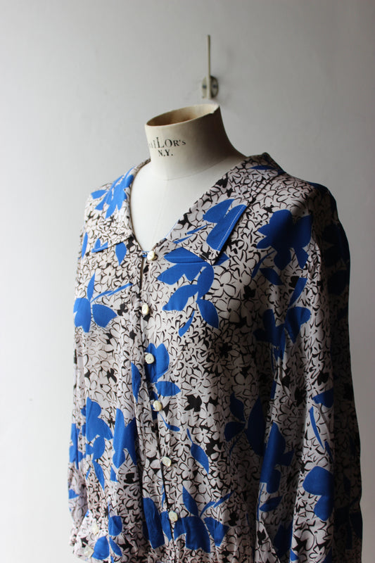Camicia Vintage Fantasia Floreale Blu Bianco Nero