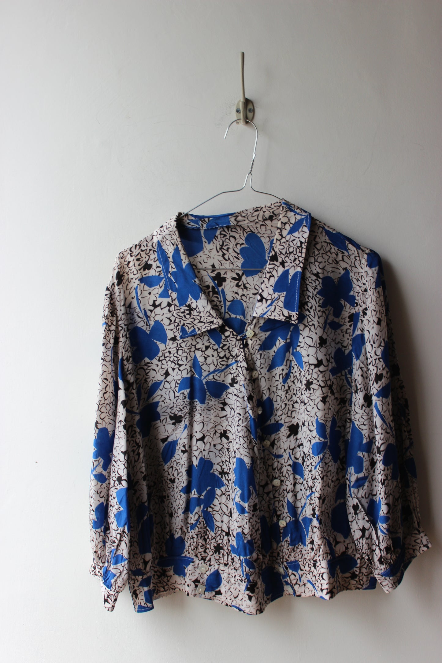 Camicia Vintage Fantasia Floreale Blu Bianco Nero