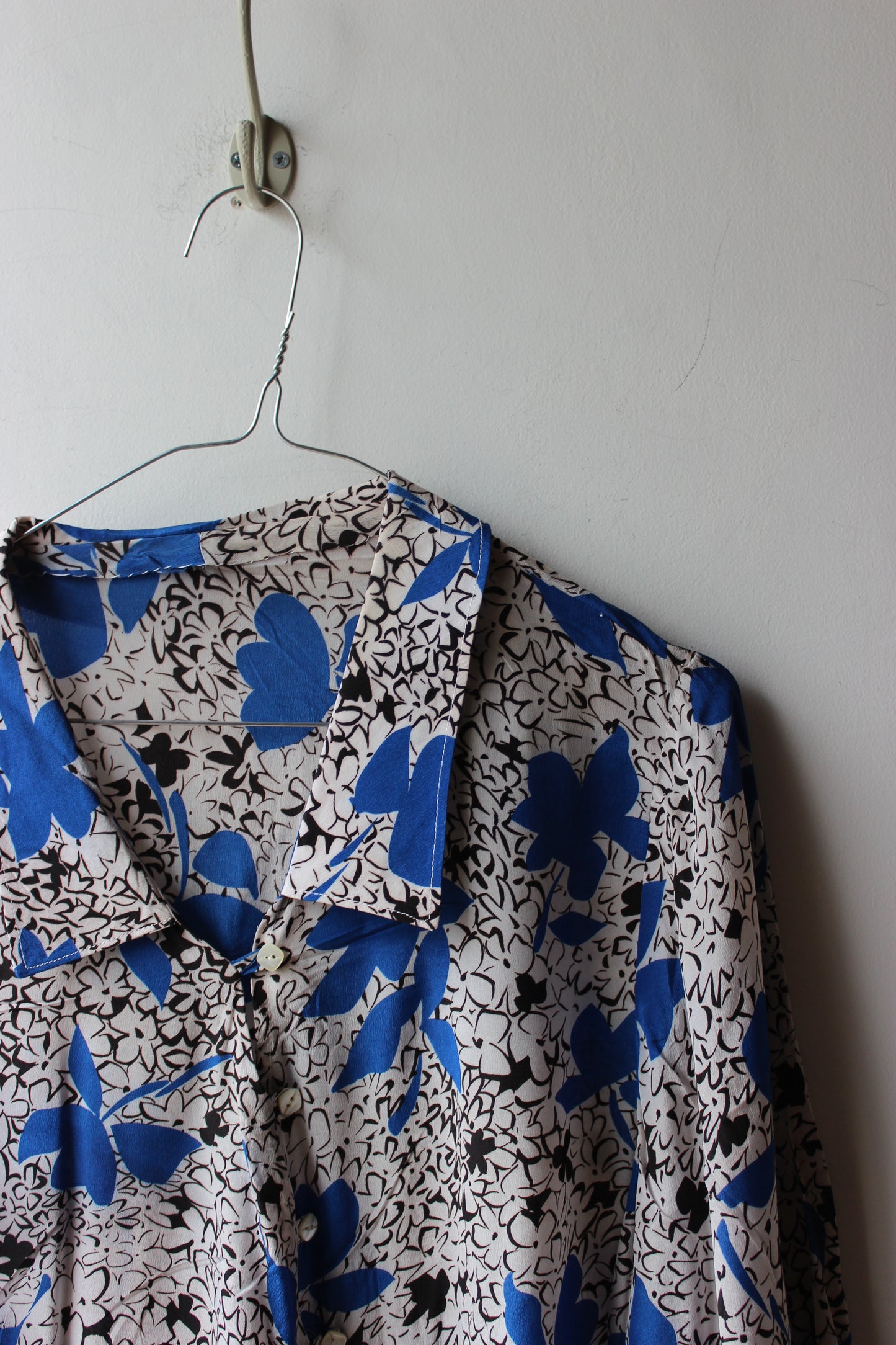Camicia Vintage Fantasia Floreale Blu Bianco Nero