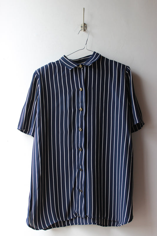 Camicia Vintage a Righe Blu e Bianche con Colletto alla Coreana