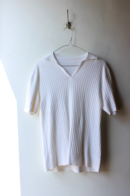 Maglia Vintage a Coste Bianca con Collo a V Taglia M