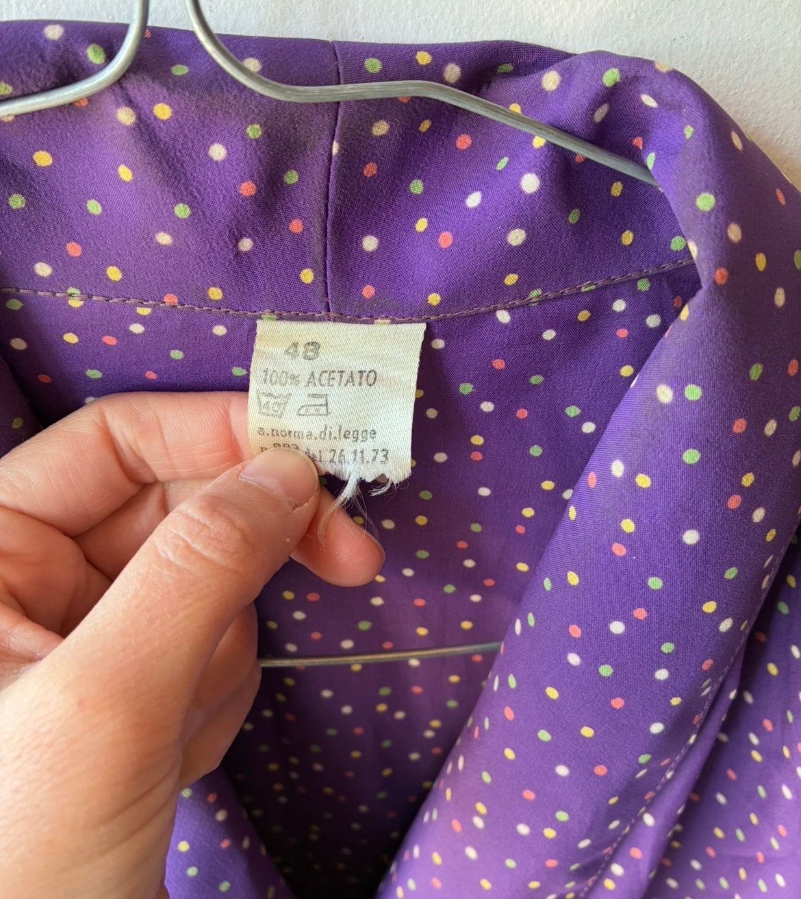 Vestito Maxi Vintage Anni '70 in Acetato — Viola a Pois Taglia 48