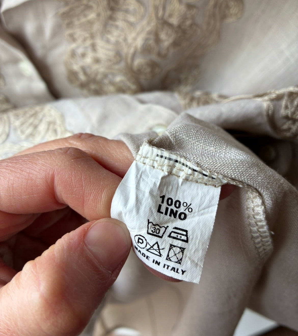 iO Donna — Camicia Lino Sabbia Ricamo Barocco Champagne
