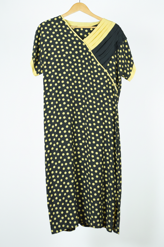 Abito Vintage 100% Seta Nero a Pois Gialli – Made in Italy Taglia 44