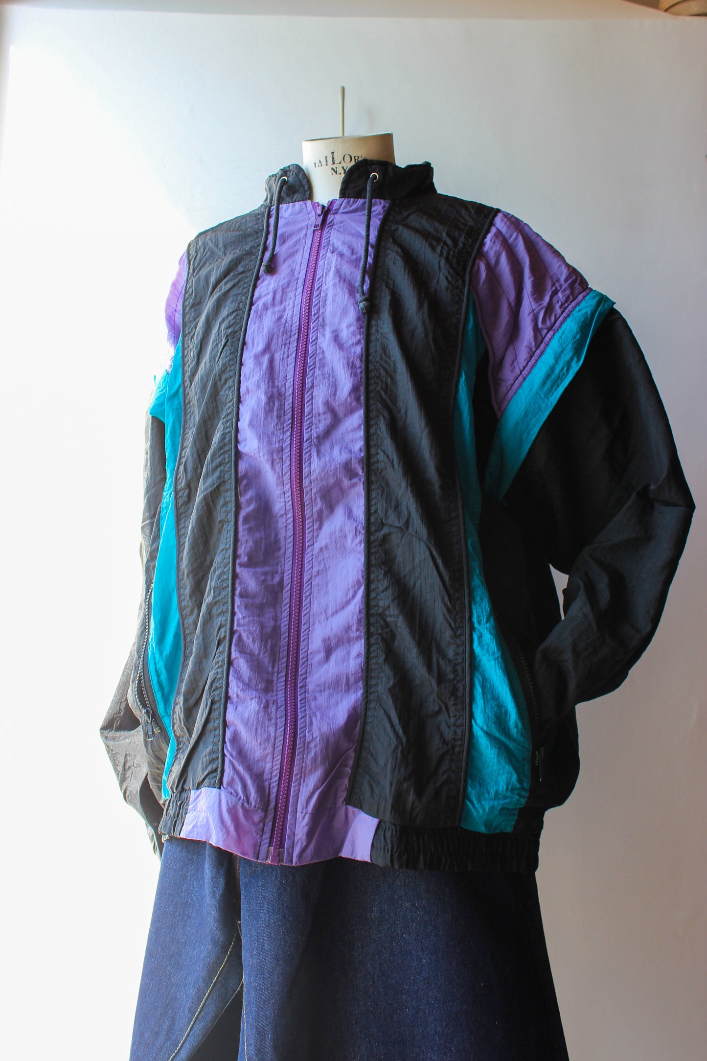 Giacca a vento vintage anni '90 nero viola turchese - Taglia 5