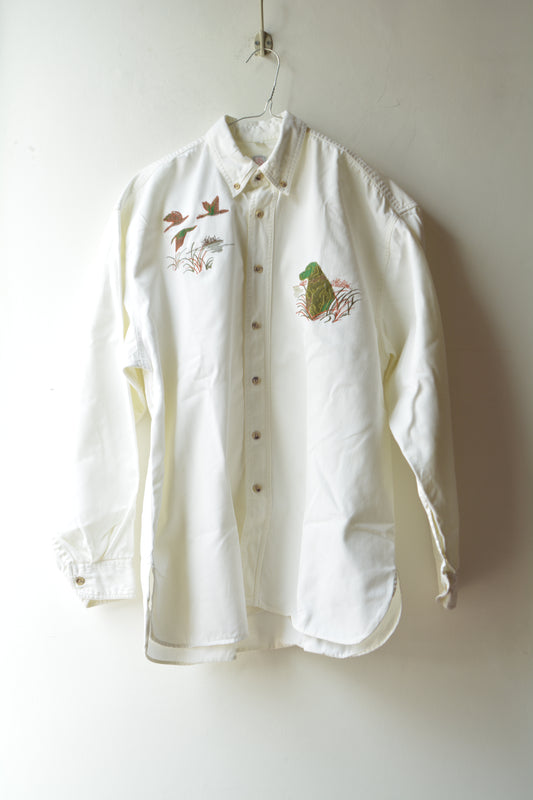 Camicia Vintage U&ME – Ricamo Hunting Cane e Anatre – Bianco Panna