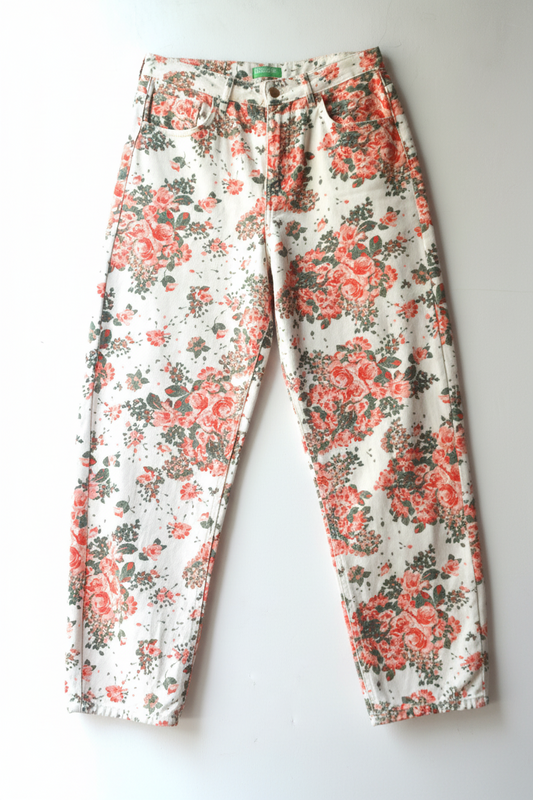 Jeans Vintage United Colors of Benetton – Floreale Rose Vita Alta Taglia 27