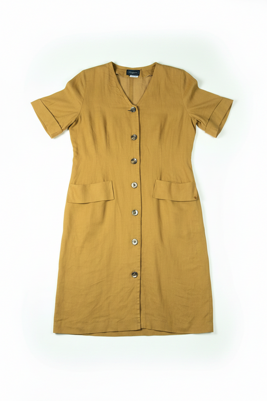 Superior Vestito Vintage Puro Lino Senape — Anni '90